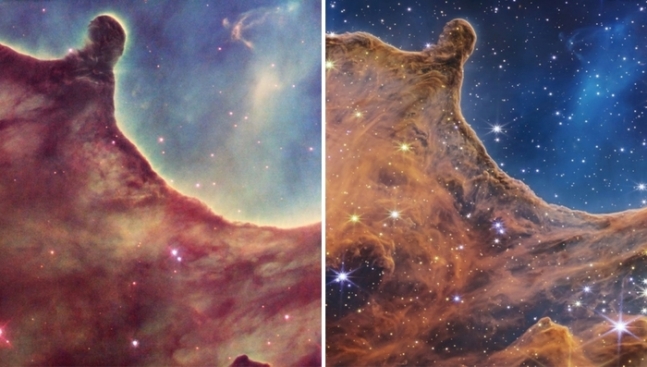 용골자리 성운에서 &#39;우주 절벽&#39; 아래에 이제 막 탄생한 어린 별. 허블(왼쪽)에서는 우주 먼지에 막혀 보이지 않지만 웹에서는 보인다. 사진=NASA&#44; ESA&#44; CSA&#44; STScI