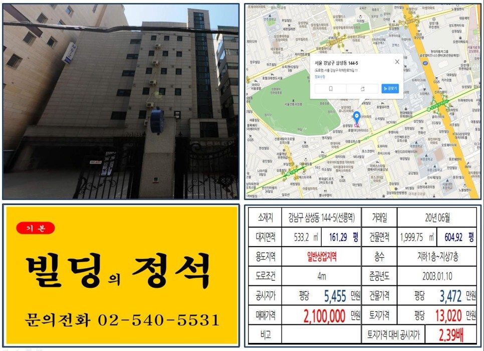  [강남구 테헤란로 신축부지 200억 일반상업지역 빌딩 실거래가 조회] 삼성동 144-5 (선릉역) 210억 원, 평당 1억 3,020만 원 매매
