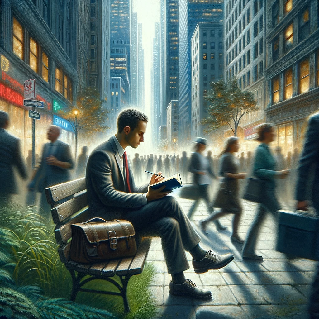 Here is the image depicting a contemporary Christian scene&amp;#44; where an individual is seen dedicating their life to following God in a modern urban setting. You can see the person pausing amidst their busy day to engage in a moment of prayer.