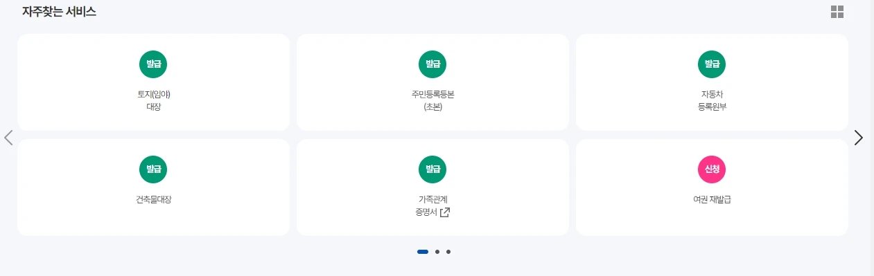 정부24 홈페이지 중앙에 자주찾는 서비스 메뉴들
