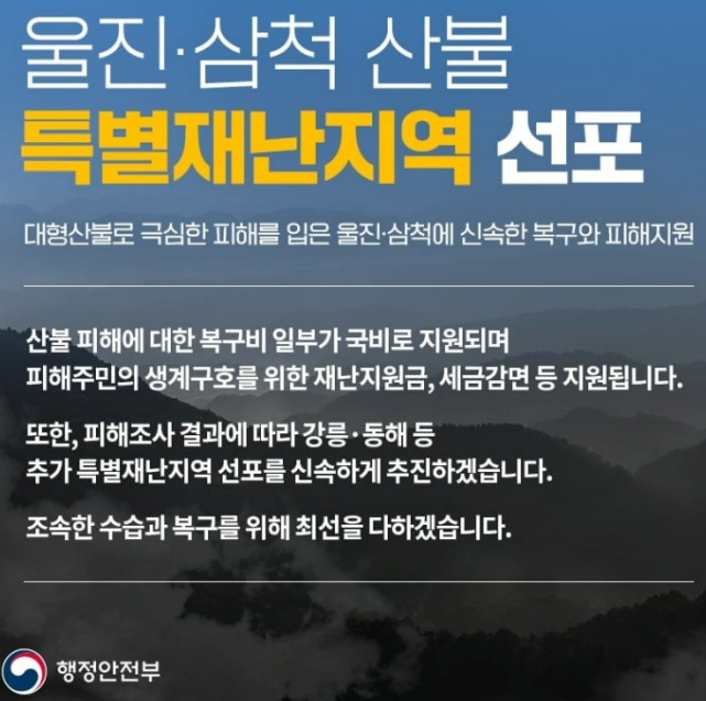 강원도 산불 피해 당시 특별 재난 지역 선포