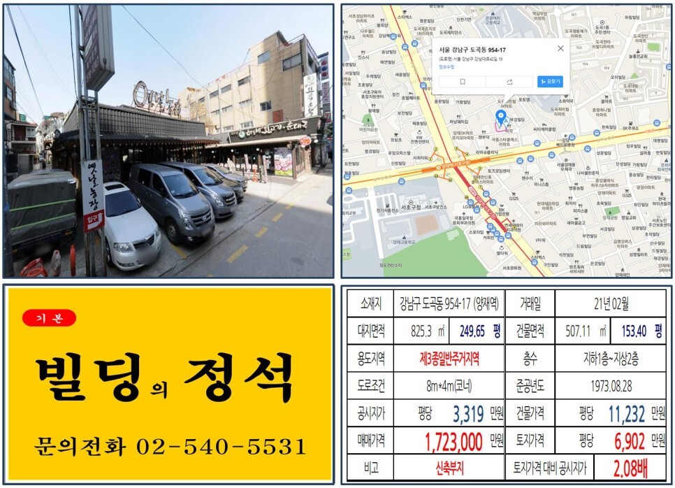  [강남구 강남대로 100억 신축부지 빌딩 실거래가 조회] 도곡동 954-17 (양재역) 172억 3,000만 원, 평당 6,902만 원 매매되었