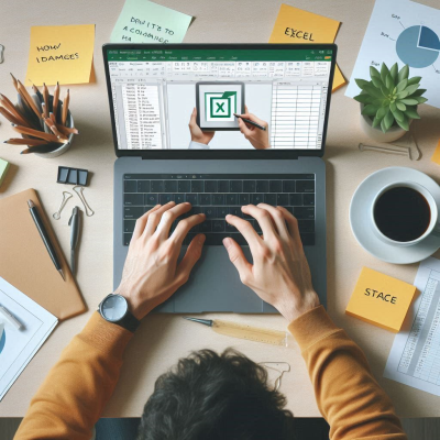 Excel 파일을 작업하는 손과 화면을 보여주는 장면입니다.