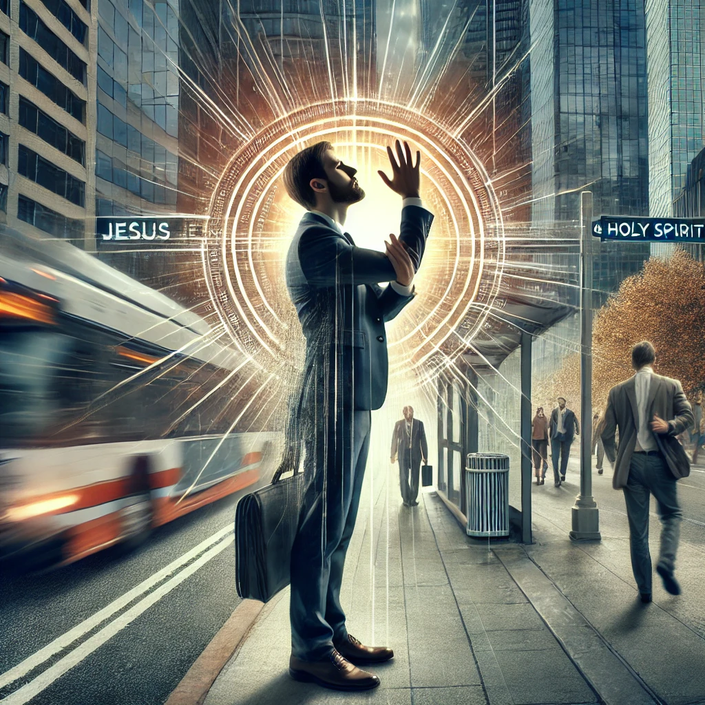 Here is the illustration of a busy modern individual attempting to rely on the name of Jesus Christ and the power of the Holy Spirit. The scene captures the contrast between their moment of spiritual focus and the bustling urban environment around them.