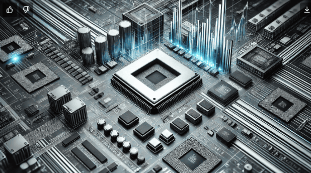 이 이미지는 Micron Technology를 대표하는 가로로 긴 썸네일로, 반도체와 마이크로칩 등의 기술 요소를 포함하고 있습니다. AI 데이터 센터와 관련된 미래 지향적인 테마가 적용되어 있으며, 상승하는 주식 시장 그래프가 배경에 섬세하게 표현되어 있습니다. 이미지의 색상은 메탈릭 톤의 은색, 파란색, 짙은 회색을 중심으로 현대적이고 고급스러운 기술 분위기를 연출합니다.