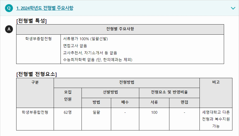 2024학년도 세명대학교 학생부종합전형 전형별 주요사항