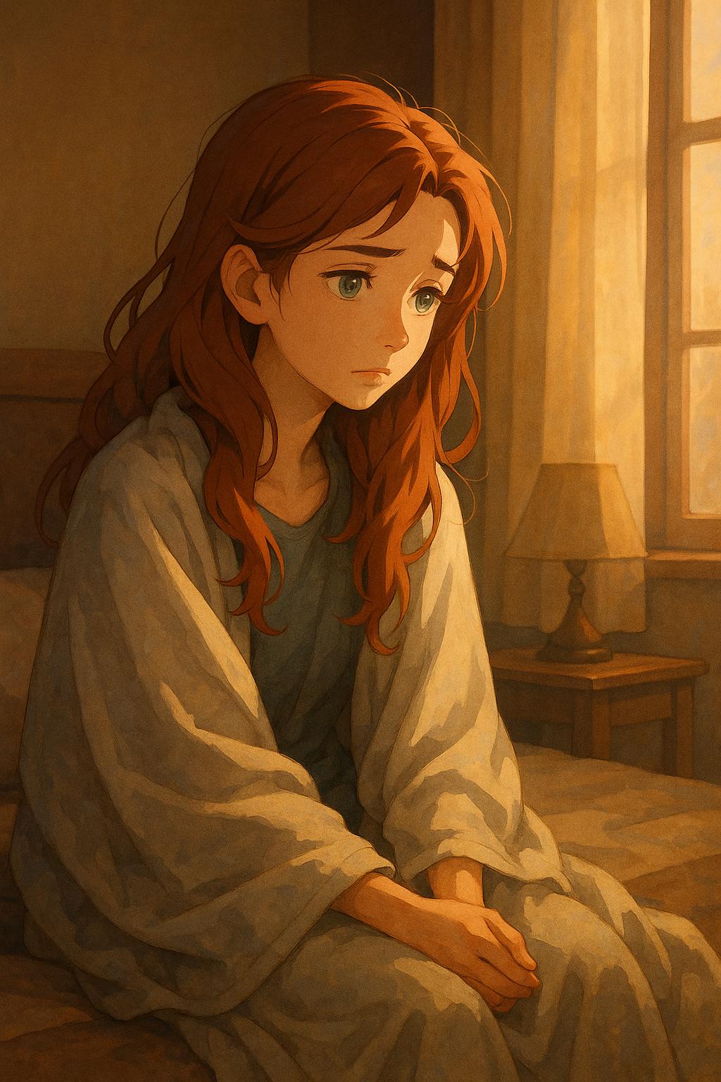 침대 위에 앉아 고개를 숙이고 있는 젊은 여성이 무기력한 감정을 표현하고 있다. 부드러운 햇살이 방 안을 감싸고 있다.
