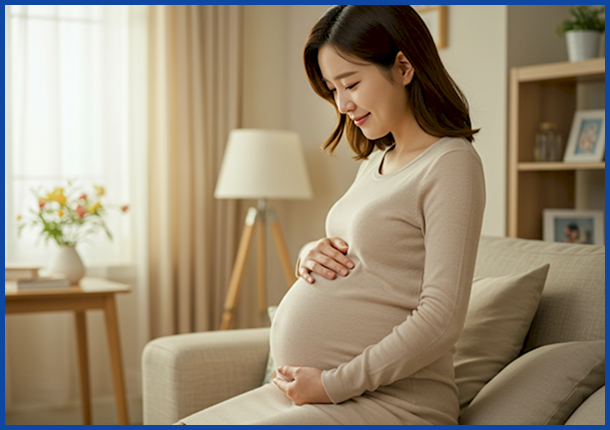 따뜻한 거실에서 자신의 배를 소중히 감싸 안고 온화하게 미소 짓는 예비 엄마의 모습