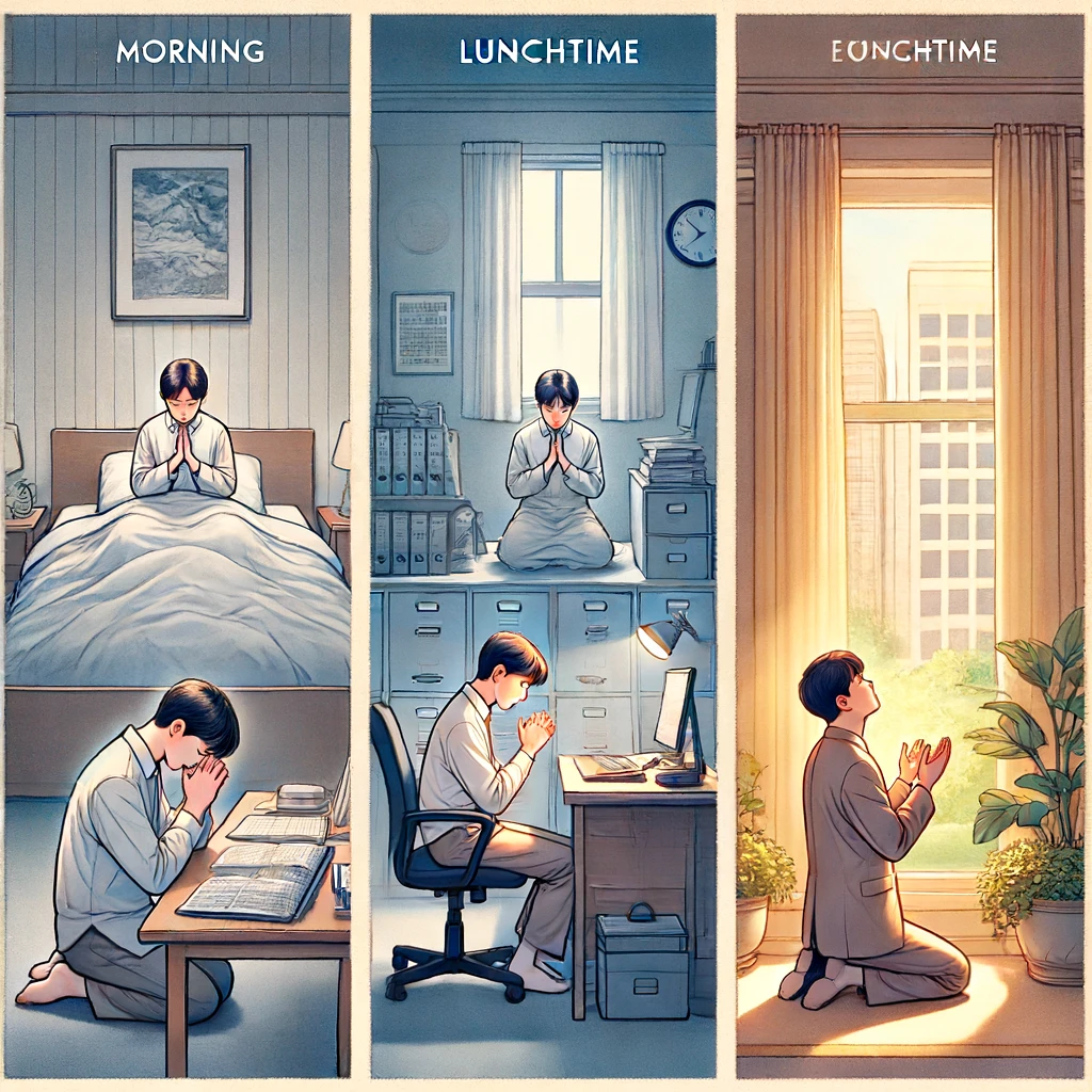 Here is the image depicting a Korean person praying three times a day&amp;#44; remembering and proclaiming God as their savior and guide. The scenes show the person in the morning&amp;#44; at lunchtime&amp;#44; and in the evening&amp;#44; each time in a different setting. I hope this captures the essence of their devotion and faith.