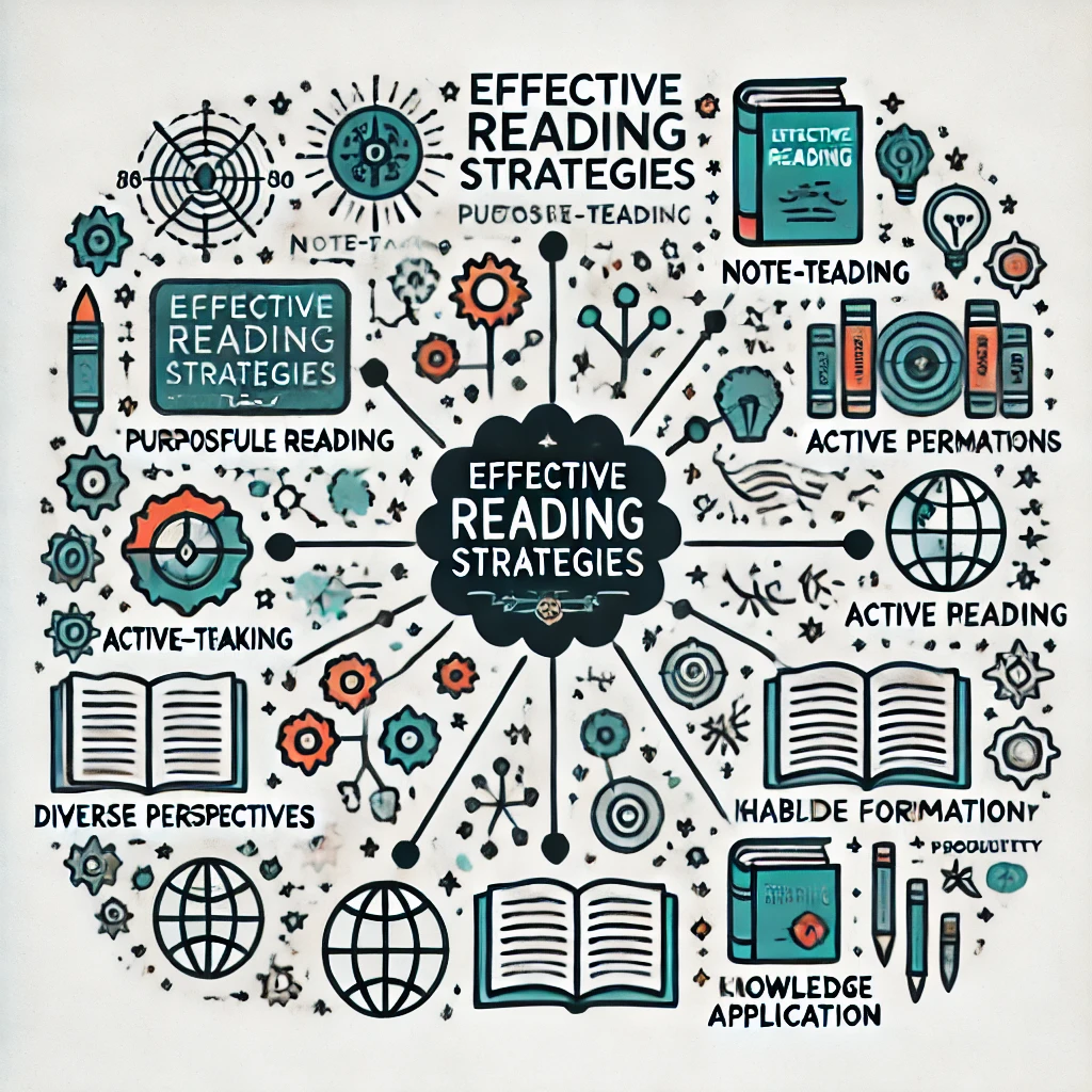 DALL·E 2025-01-15 16.41.17 - A mind map centered around 'Effective Reading Strategies' with branches including 'Purposeful Reading,' 'Note-taking,' 'Active Reading,' 'Diverse Pers.webp