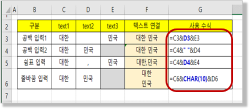 텍스트 결합 - 공백, 쉼표, 줄바꾸기