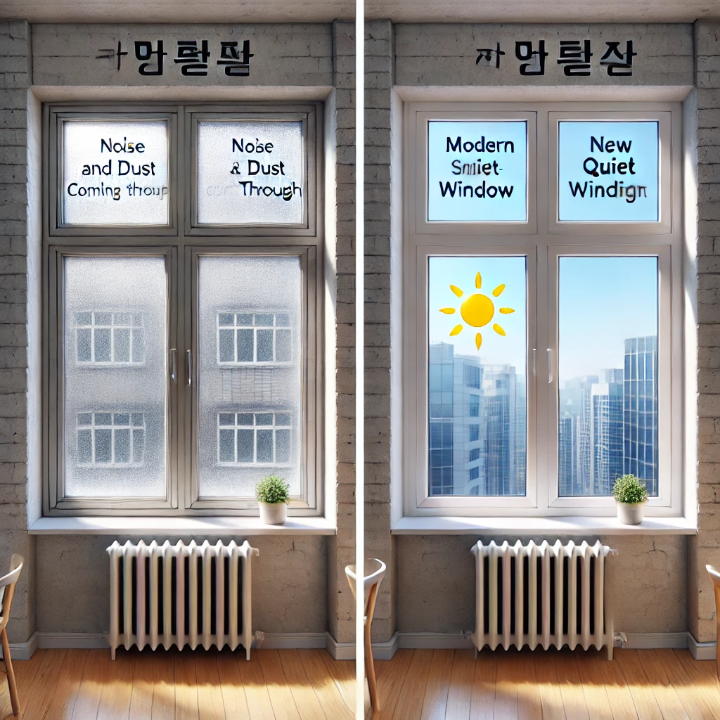 낡은 창과 고성능 삼중창을 비교한 실내 공간