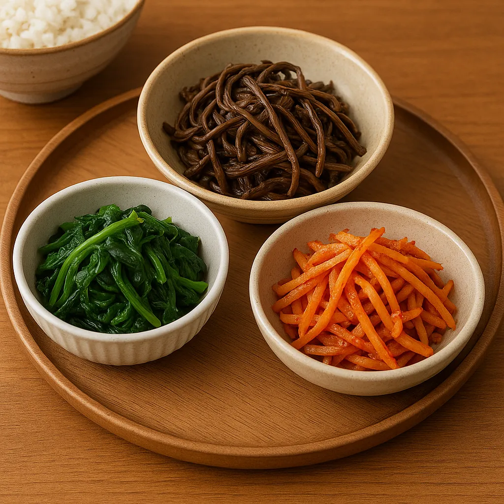 고사리나물&amp;#44; 시금치나물&amp;#44; 도라지무침이 담긴 전통 반찬 한 상