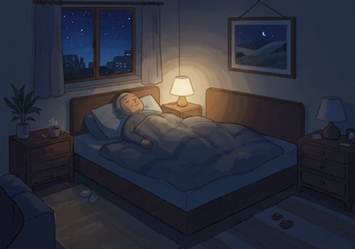 어둡고 조용한 침실에서 편안하게 복식 호흡을 하며 숙면을 준비하는 한국인 노인. 꿀잠을 위한 최적의 수면 환경과 마음 다스리기 방법을 나타냅니다.