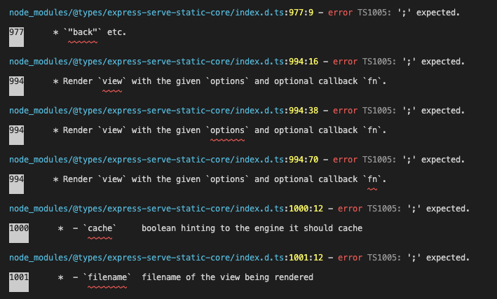 Node.js][Typescript] node_modules/@types/express-serve-static-core/index.d.ts:745:13  - error TS1005: ';' expected. — 수바리의 코딩일기