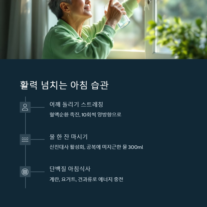 50대의 체력이 30대처럼 변화한 비밀 - 에너지와 활력을 폭발시키는 운동과 영양법 - 4. 아침 루틴이 바뀌면 하루가 달라진다 50대의 체력이 30대처럼 변화한 비밀 - 에너지와 활력을 폭발시키는 운동과 영양법 - 4. 아침 루틴이 바뀌면 하루가 달라진다