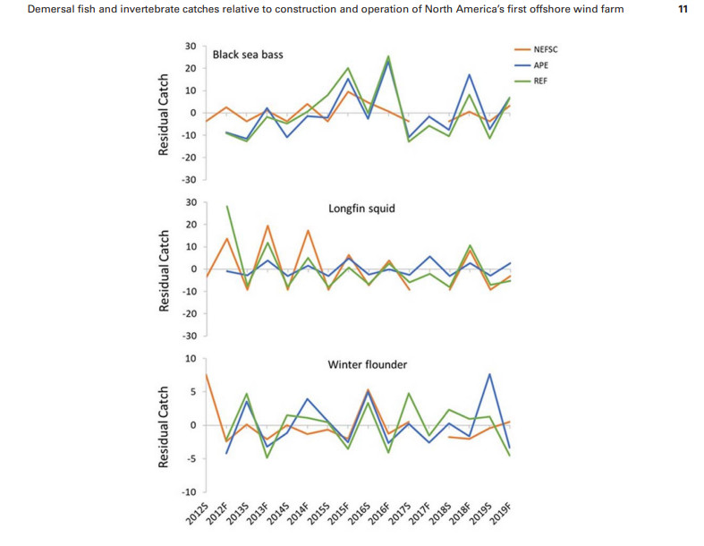 7. Temporal trends in catches of select species collected in the BIWF demersal trawl survey near the wind farm (APE) at the two reference areas
(REF)&#44; and in the Northeast Fisheries Science Center (NEFSC) biannual bottom trawl survey in strata 3020 and 3450. Residual catch is the difference
between the seasonal CPUE and the overall average CPUE within each survey
