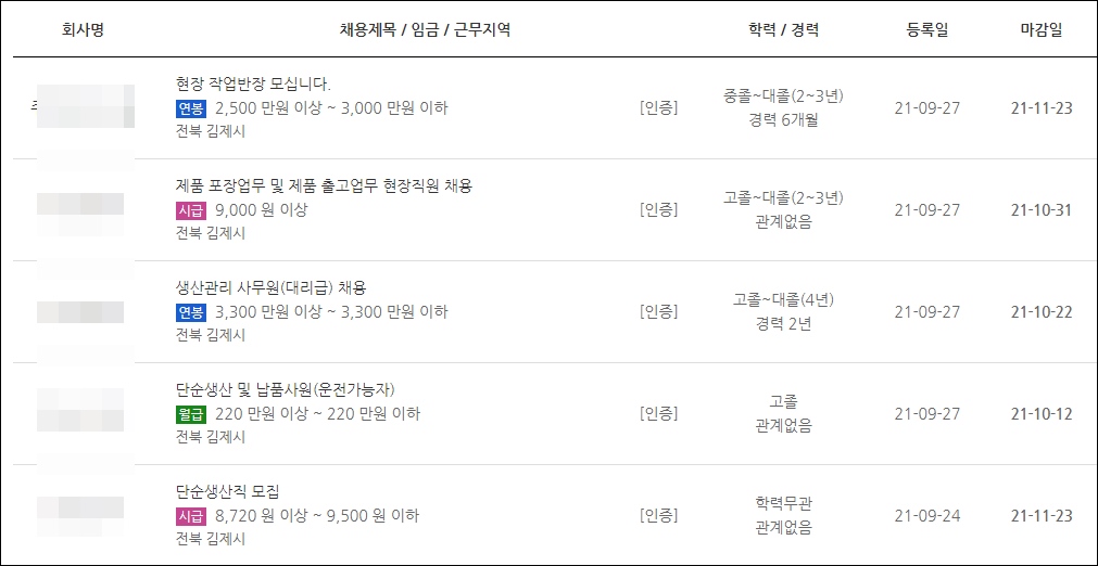 김제 고용센터 일자리 구인정보 알바 기간제 정규직 생산직 조리원