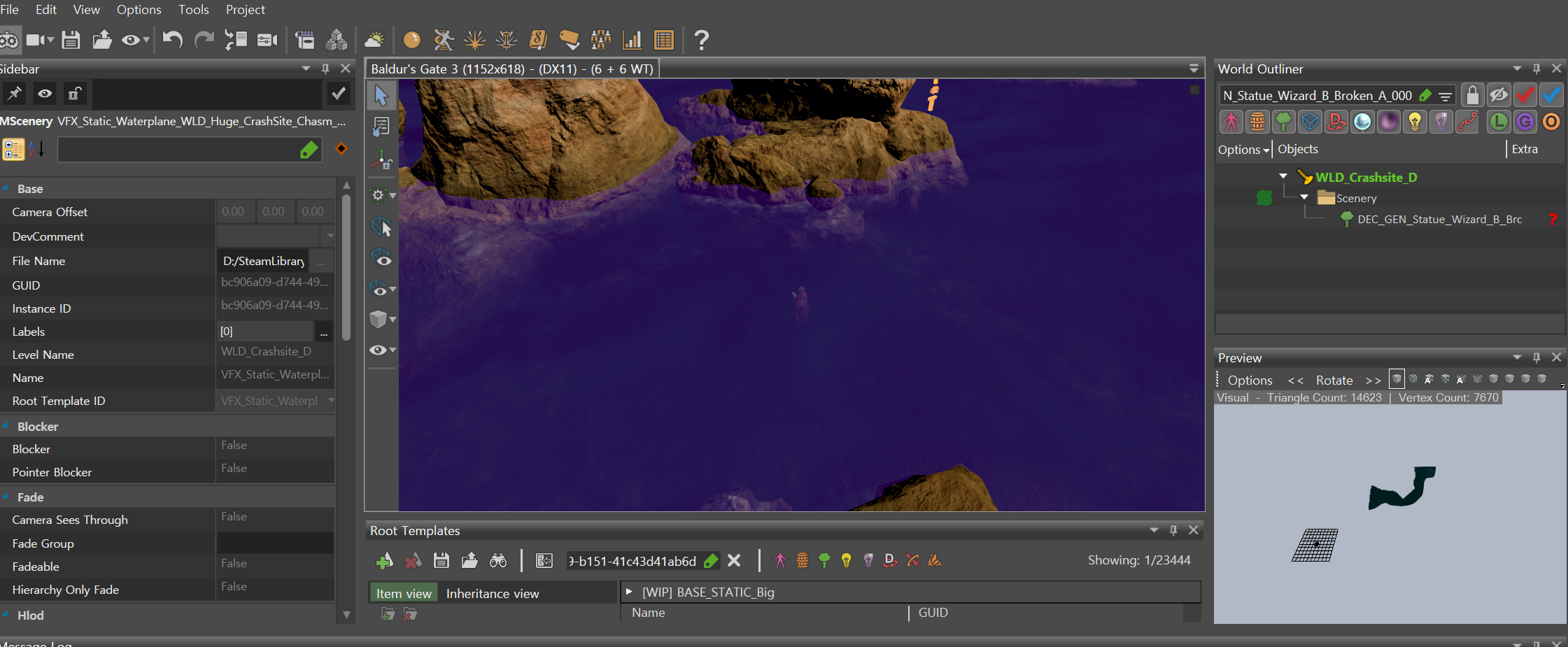 발더스 게이트 3 툴킷 메인 뷰포트가 엉뚱한 공간을 표시하고 있는 화면