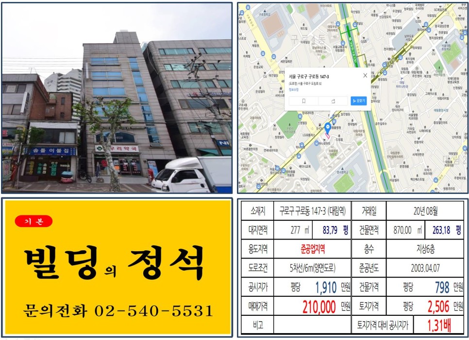  [구로구 20억 메디컬빌딩 실거래가 조회] 구로동 147-3 (대림역) 21억 원, 평당 2,506만 원 매매되었습니다. 2호선, 7호선 더블역