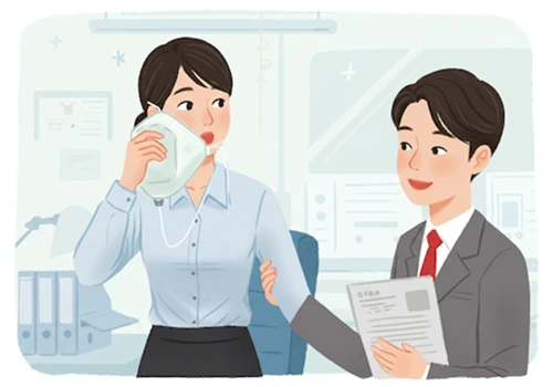 직장에서 자신을 먼저 돌보는 지혜를 실천하는 모습 (산소마스크 비유).