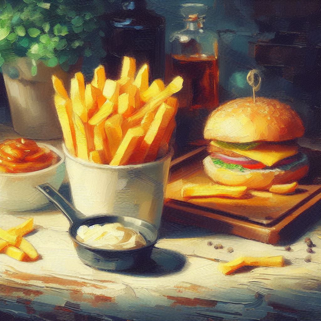테이블에 햄버거와 감자튀김이 올려진 유화풍 AI 이미지 일러스트레이션