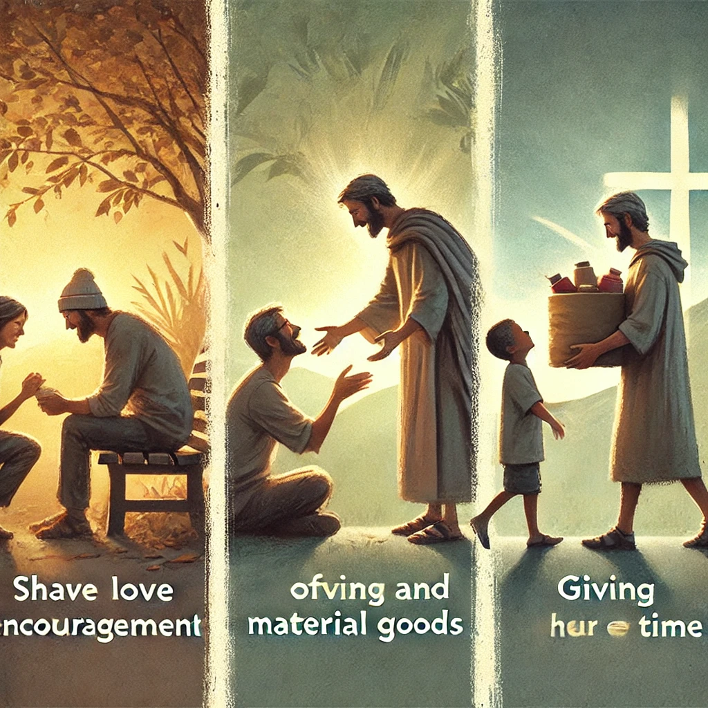 Here is the inspiring image depicting a person living out the message from 2 Corinthians 9 by giving generously to others. The scene illustrates three different instances: sharing love and encouragement, offering material goods, and giving time to others.