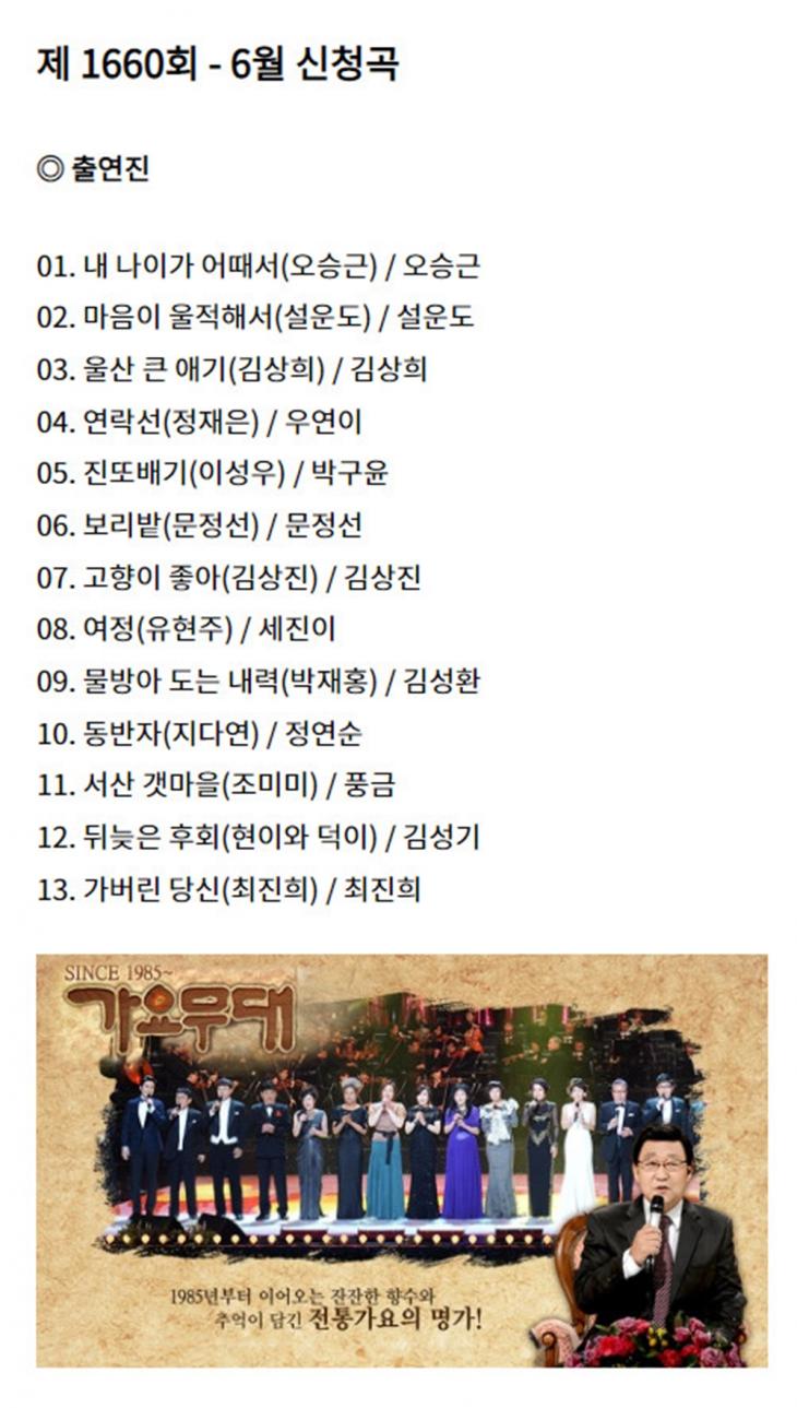  '가요무대' 오늘(29일) 출연진, 오승근-설운도-김상희-박구윤-최진희 나이 관심↑ #가요무대