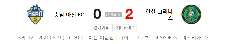  K리그2 / 국내축구 - 충남 아산 VS 안산 (0 - 2) 2021시즌 10라운드 하이라이트 (2021년 6월 23일)