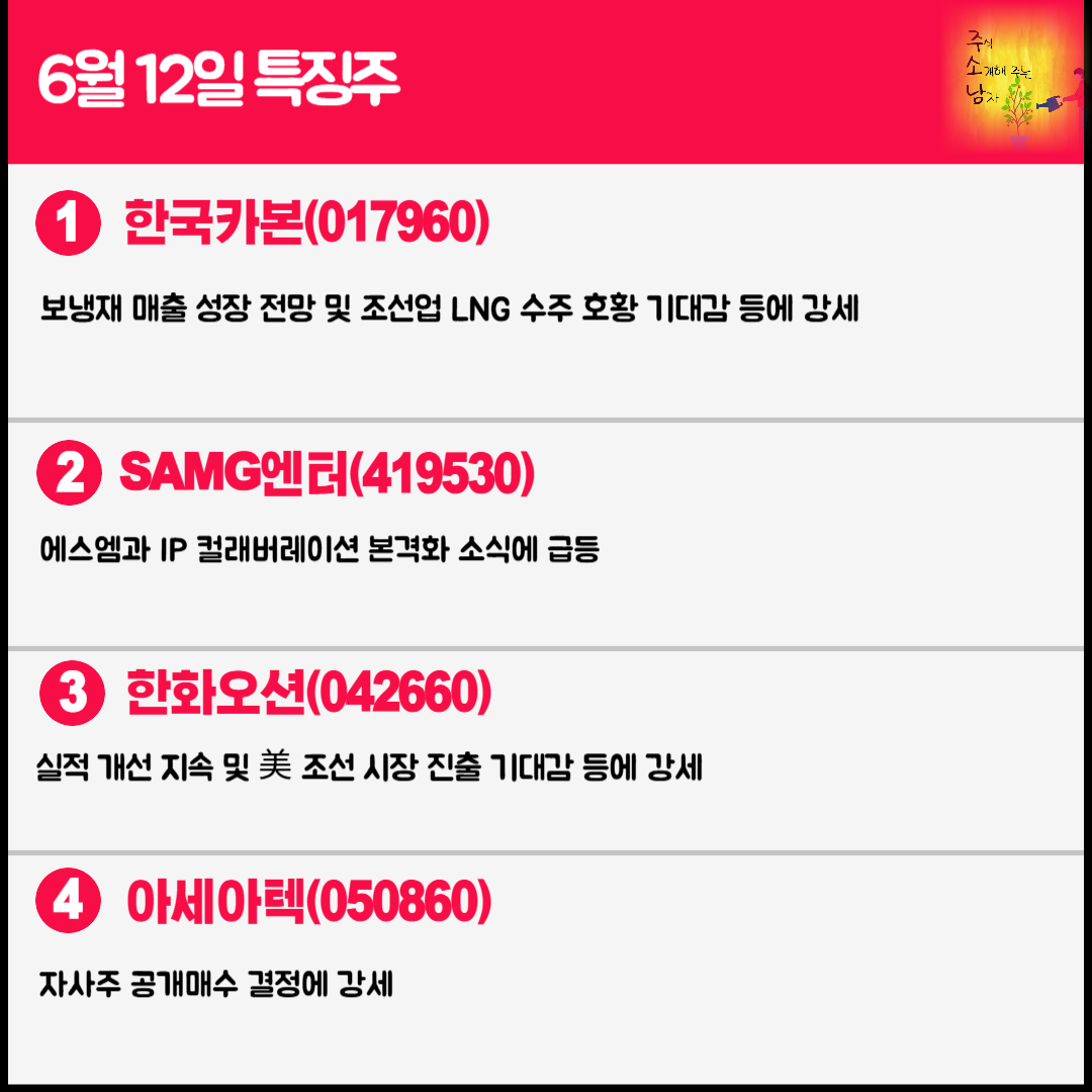 6월 12일 오늘의 특징주