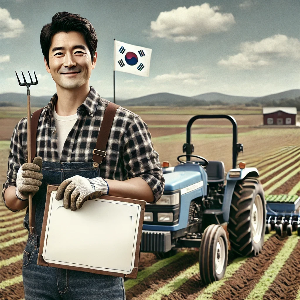 농촌 배경에서 농장주인이 공익직불금 서류를 들고 있는 장면 &ndash; 정부 농업보조 정책 홍보용 이미지