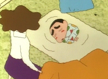 짱구는 못말려에서 짱구가 아파서 누워있는 그림