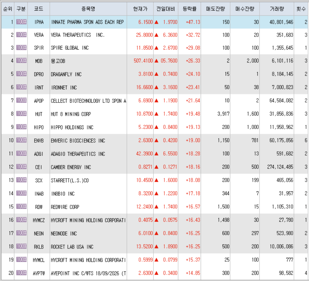  9월3일 미국주식 상승률 상위 종목 TOP 300