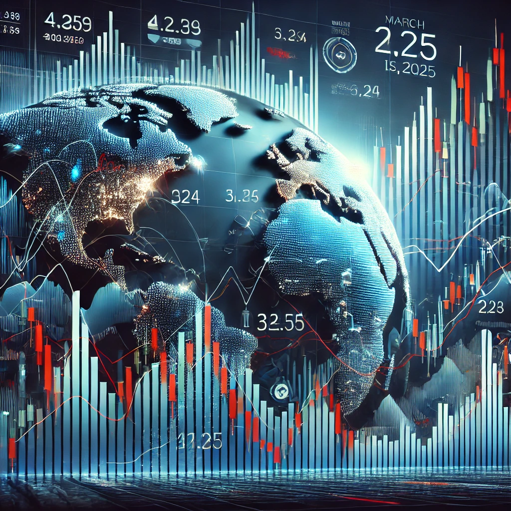 &quot;2025년 3월 5일 글로벌 주식 시장 변동성을 나타내는 캔들 차트와 주요 금융 데이터 화면.&quot;