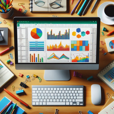 여러 가지 차트와 그래프가 화면에 나타나는 컴퓨터와 책상