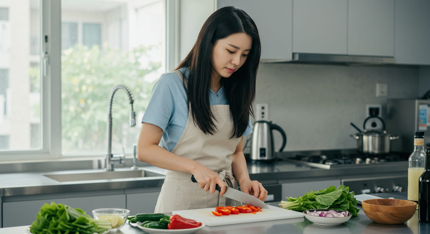 정월대보름 나물을 요리하는 한국 여성
