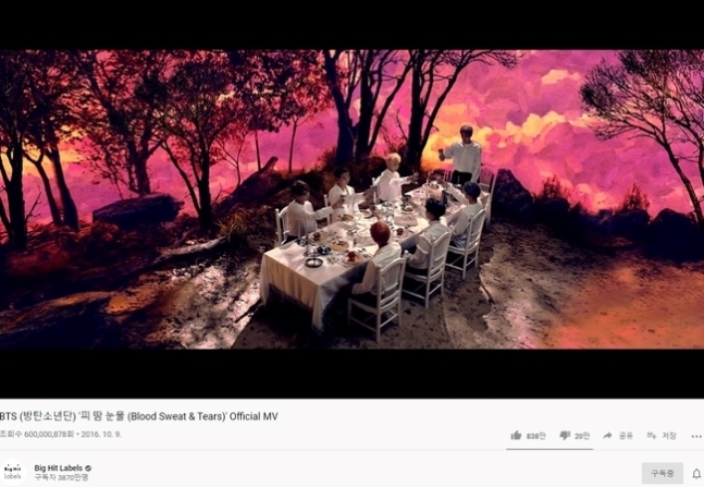 방탄소년단 '피 땀 눈물' MV 6억뷰 돌파 '통산 7번째 대기록'
