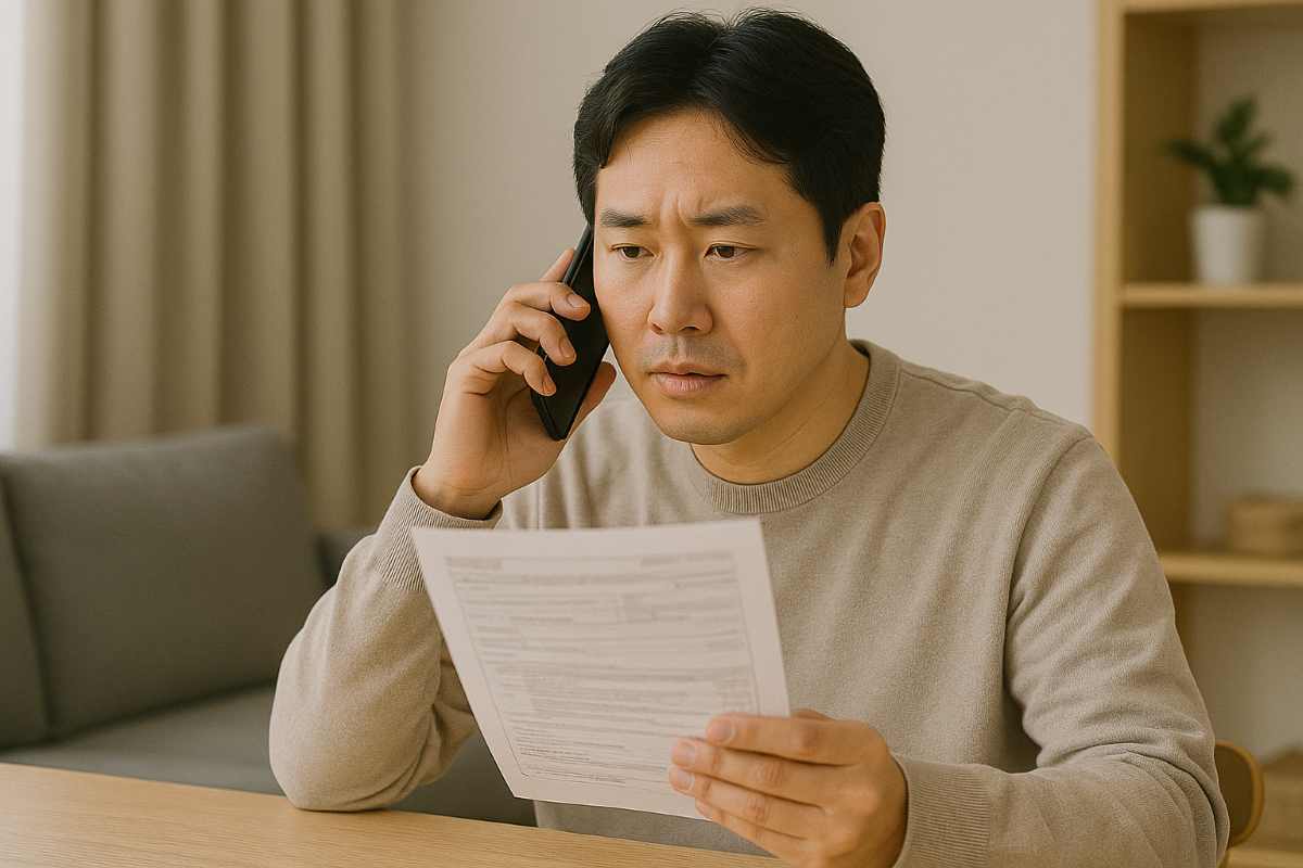 건강보험 환급금 관련 상담 전화하는 남성