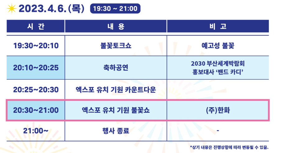 2030 부산세계박람회 유치기원 불꽃쇼 프로그램 일정