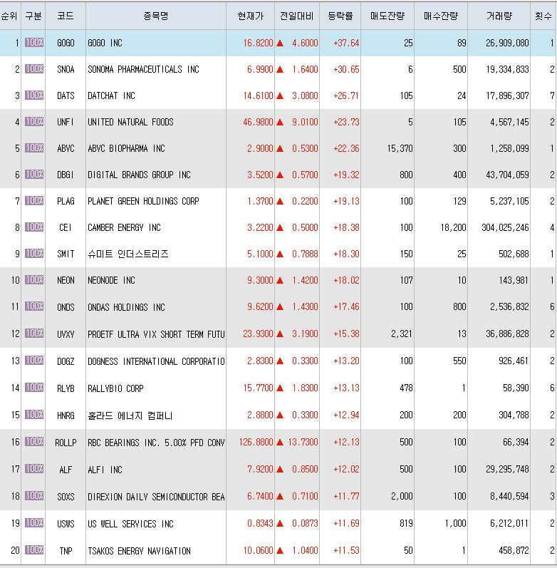  9월28일 미국주식 상승률 상위 종목 TOP 300