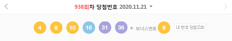  938회차 로또 당첨번호 (1등 당첨자는 10명으로 당첨금은 22억 4946만 원)