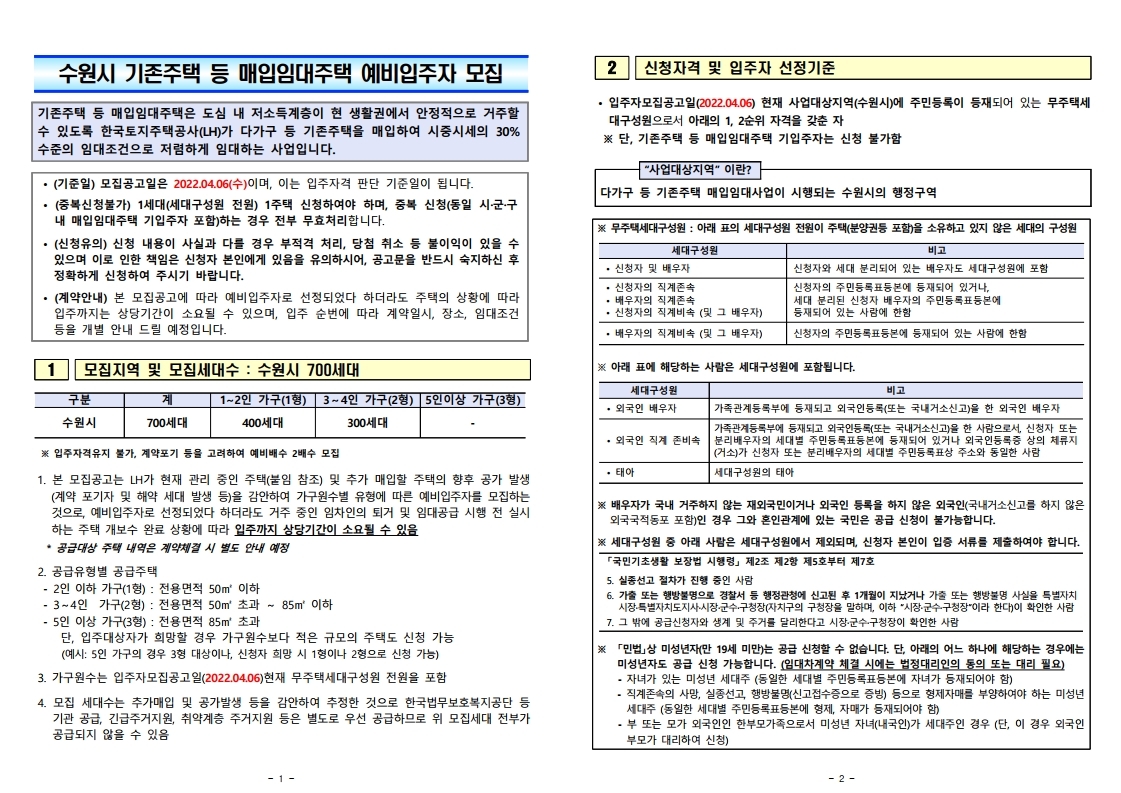  수원시 다가구 등 매입임대주택 예비입주자 모집공고문
