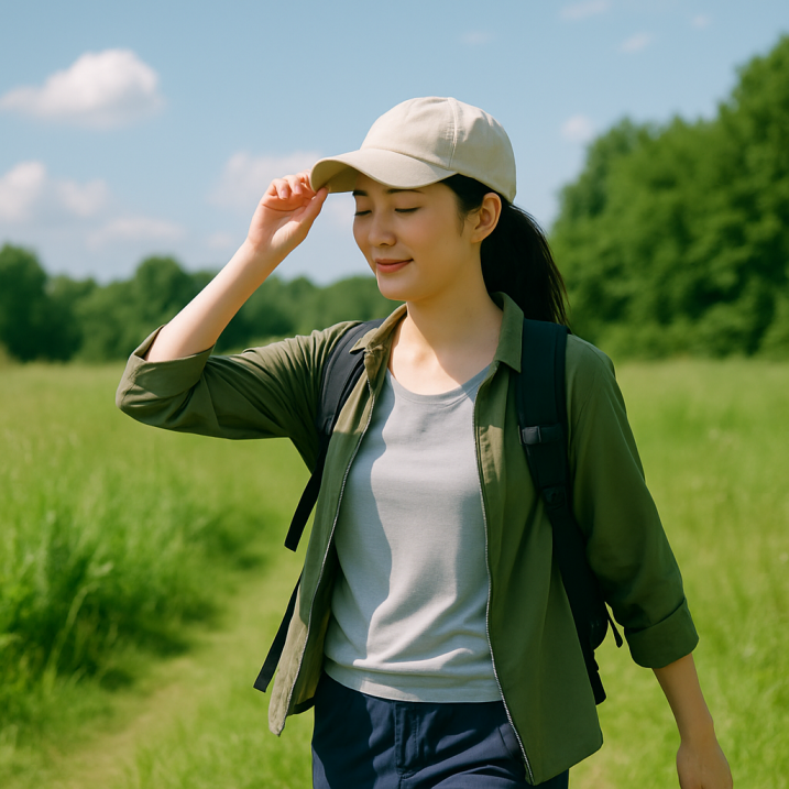 여름 초입의 햇살 아래, 가벼운 외투를 걸친 젊은 여성이 야외를 걷는 모습. 환절기의 아침저녁 일교차와 더위가 공존하는 계절감을 담은 풍경