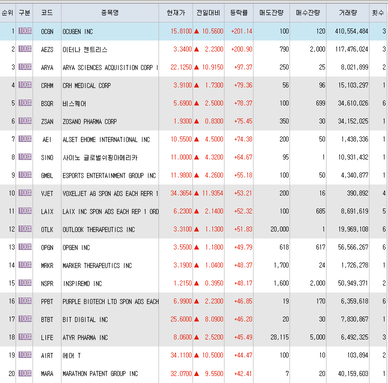  2월8일 미국주식 상승률 상위 종목 TOP 300