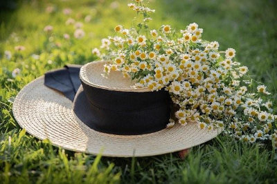 잔디 위 창이 넓은 여름 모자와 들꽃