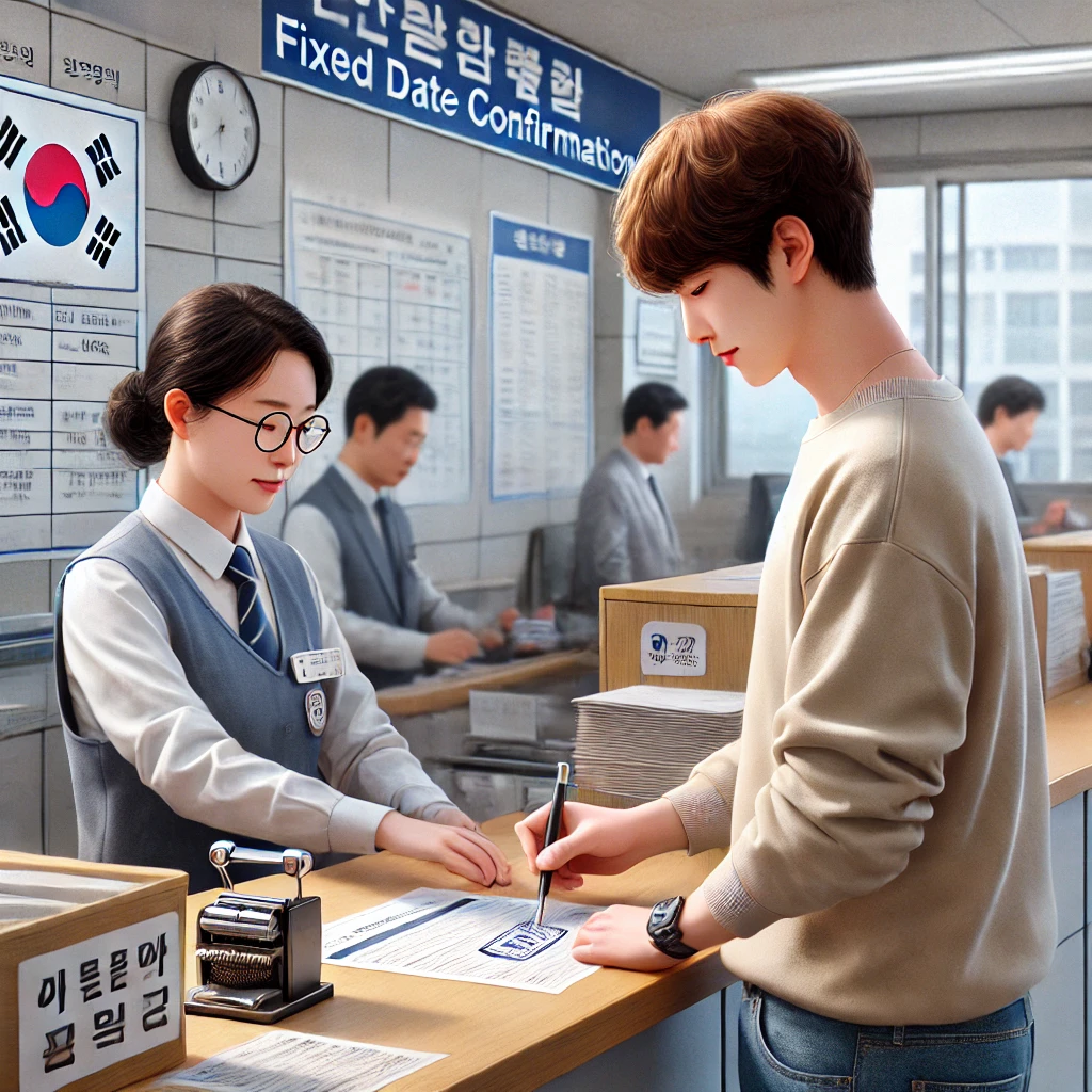 젊은 임차인이 행정복지센터에서 임대차 계약서에 확정일자 받는 모습