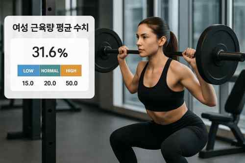 여성 근육량 평균 수치와 하체 근력 운동을 병행하는 모습
