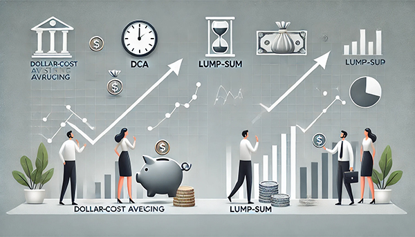 밝은 회색 배경의 적립식 투자(DCA)와 일괄 투자(Lump-Sum Investing) 비교 일러스트. 한 투자자는 정기적으로 소액을 투자하고, 다른 투자자는 한 번에 큰 금액을 투자하는 모습을 보여주며, 그래프와 금융 요소로 투자 전략을 시각적으로 표현한 금융 테마의 그림