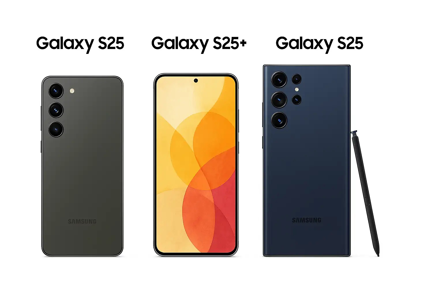 갤럭시 S25, S25 플러스, S25 울트라 세 모델의 디자인과 크기 차이를 보여주며 각기 다른 매력을 강조하는 이미지