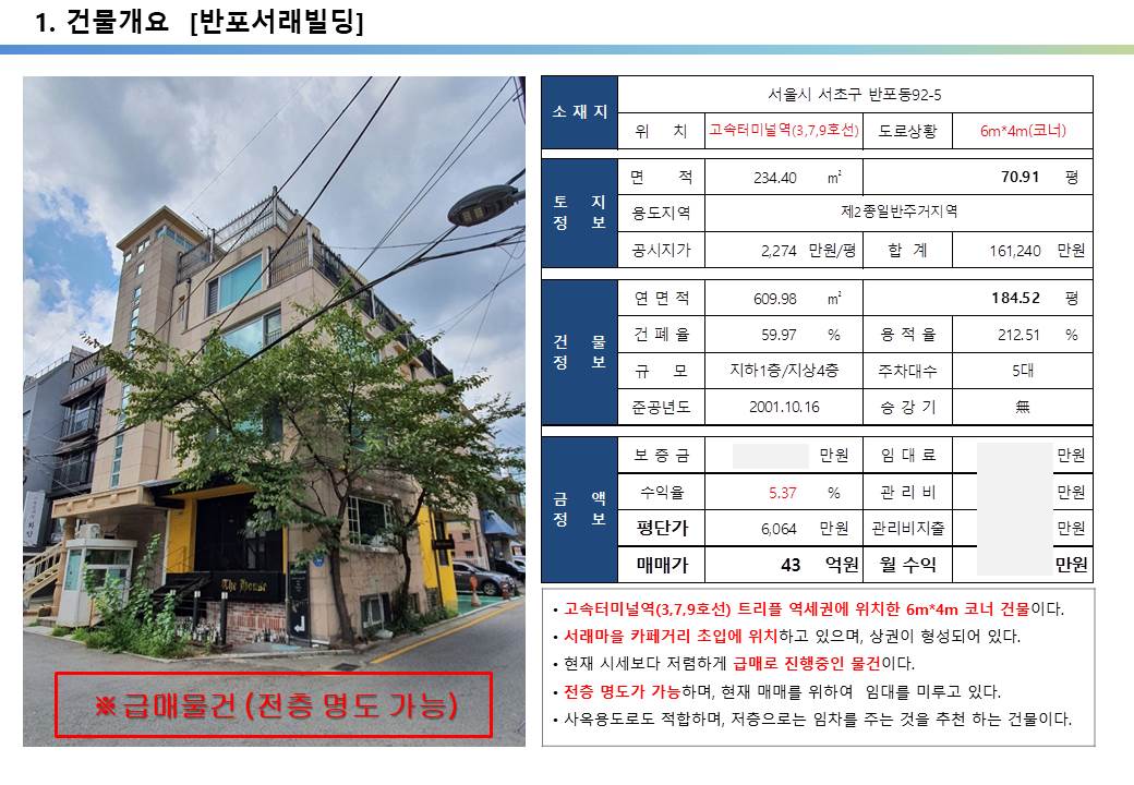  서래 마을 초입 급매 빌딩 투자 사례, 반포동 92-5번지, 43억, 평당 6,064만 원, 고속터미널역, 반포 재개발, 아크로리버파크, 사 평